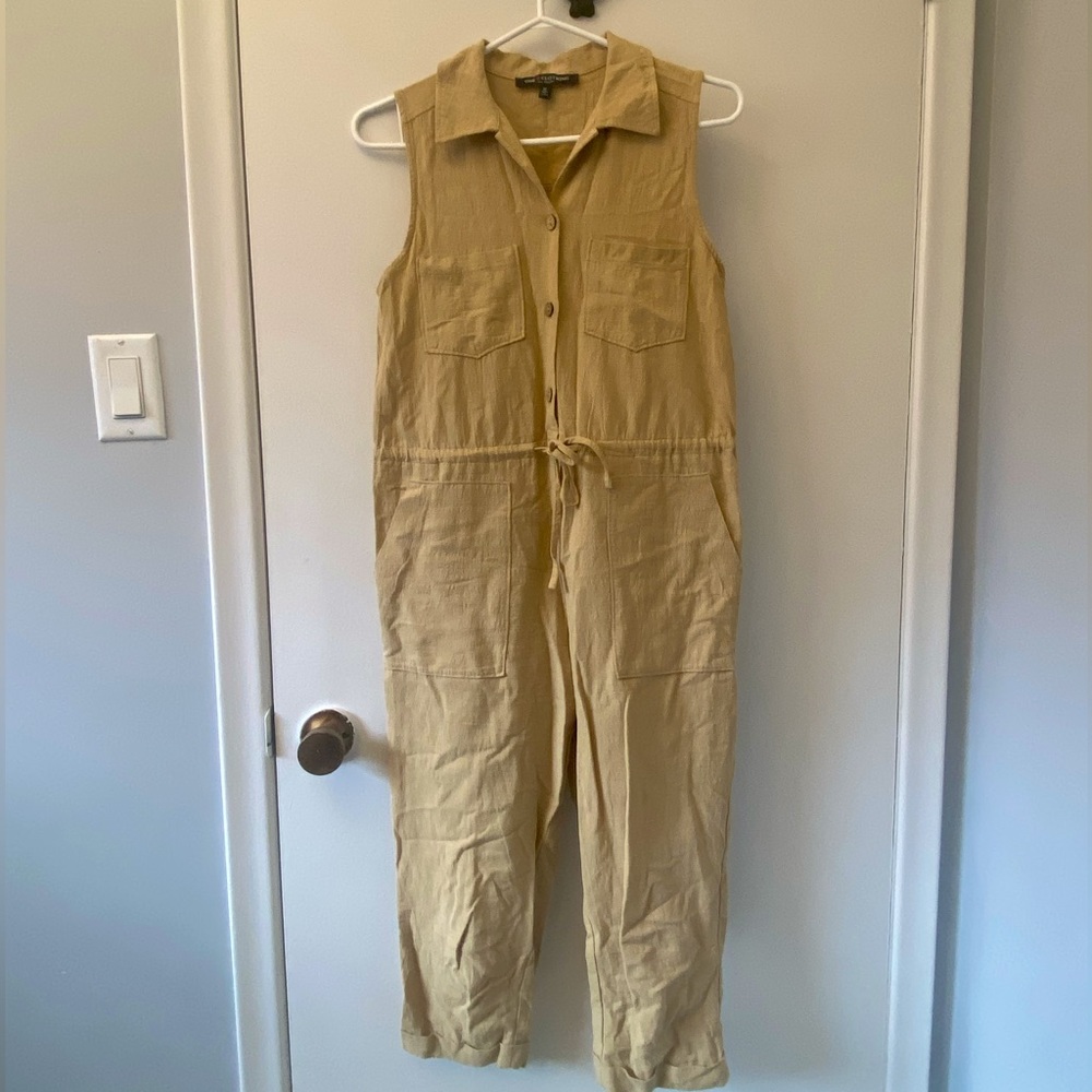 Womens Sleeveless Button Jumpsuit Beige Size Small